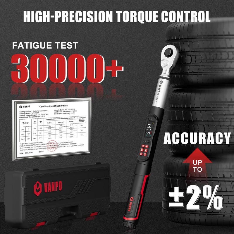 VANPO 1/2-Inch Digital Torque Wrench, 7.38–147.5 ft-lb/10–200 Nm, ±2% Accuracy, Electronic Torque Wrench with LCD Display, Audible & Vibration Alert, Easy Battery Access, for Automotive Maintenance - Image 2